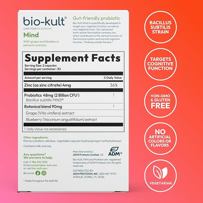Bio-Kult Mind | Bacillus + Zinc, Grape & Blueberry Extracts | Brain & Gut Support | Cognitive Function | 60 Capsules