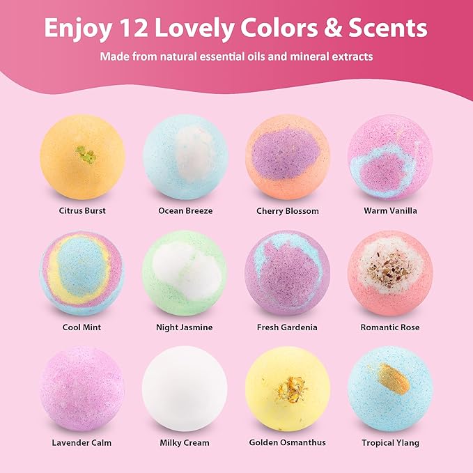 12 Pcs Bath Bombs Kit – Natural Handmade SPA Bubble Bath Bombs for Women, Relaxing Fizzy Balls for Wife, Mother, Friends – Gift for Self-Care and Relaxation