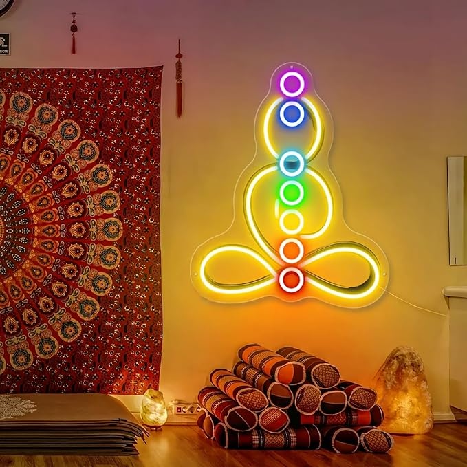 Seven Chakras Meditation Neon Sign Custom Yoga Studio Logo LED Sign Chakras LED Neon Pilates Studio Art Meditation Room Wall Art Yoga Lover Gift, Psychic Chakras Healing Exercise, Peaceful Sign