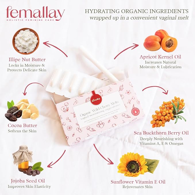 Femallay Organic Vaginal Moisturizing Suppository Melts - 100% Natural Suppositories for Vaginal Odor and Dryness Relief, Ultra-Hydrating Fast-Acting Comfort (Wild Cherry)