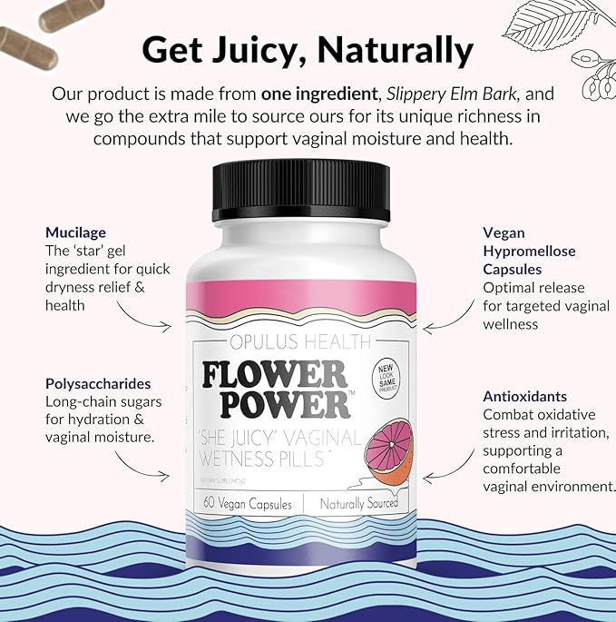 Flower Power She Juicy Feminine Support Capsules – 60 ct | Slippery Elm Bark Supplement for Women | Natural Hydration & Wellness | pH Balance Support | Made in USA | Vegan & Non-GMO