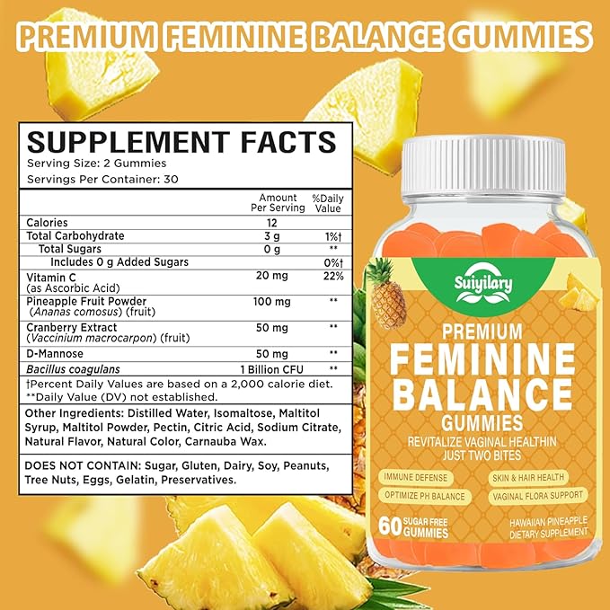 Feminine Balance Gummies for Women - Probiotics Vaginal Health & Women's pH Balance Gummy Supplement with Cranberry Pineapple Powder, Sugar Free Gluten Free Vegan, 60 Count