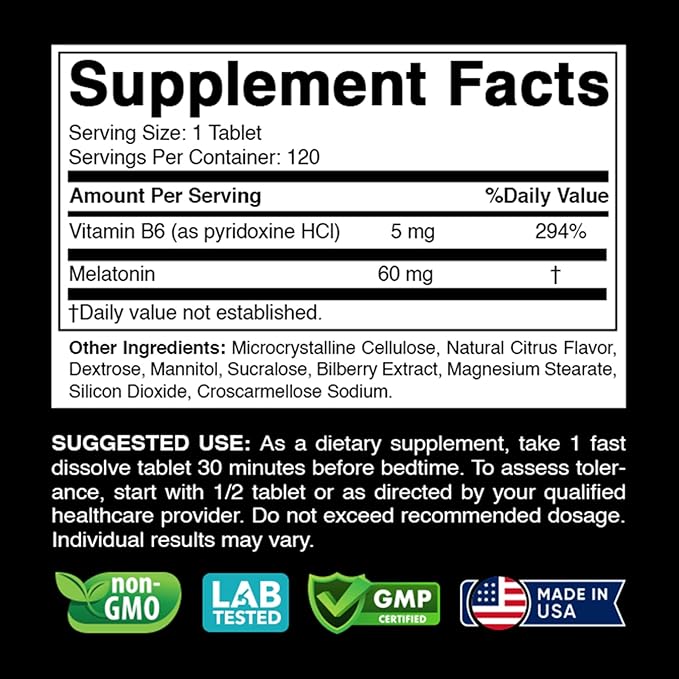 Melatonin 60 mg with Vitamin B6 – 120 Fast Dissolve Tablets Extra-Strength Sleep Support – Drug-Free – Natural Citrus Flavor – Vegetarian, Non-GMO, Gluten-Free
