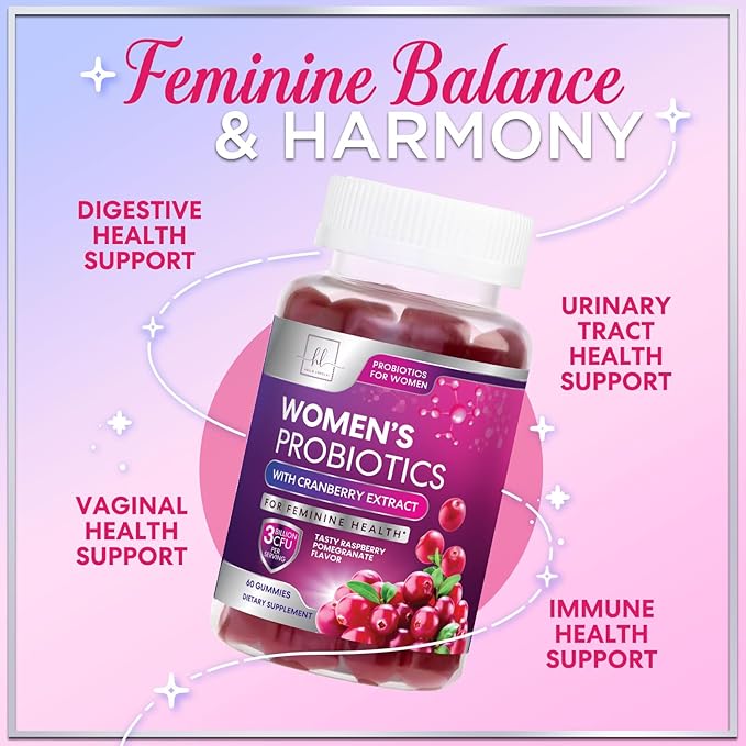 Probiotics for Women Gummies with Cranberry - 6 Premium Strains for PH Balance, Digestive Health, Vaginal & Immune Support, 3 Billion CFU, Women's Probiotic Gummy for Feminine Health - 60 Gummies