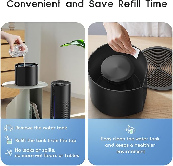 Air Purifier with Humidifier Combo, 2 in 1 Afloia 3-Stage Filters for Bedroom Pets Hair Smoker Odors, Evaporative Humidifier, Auto Shut Off, Quiet Air Cleaner with Seven Color Light, Black