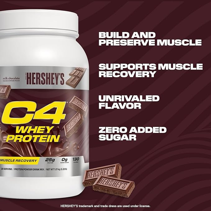 Cellucor C4 Whey Protein Powder, Hershey's Chocolate - 25g Protein, 0g Added Sugar, 130 Calories Per Serving, Supports Muscle Recovery, 28 Servings, Premium Whey for Post-Workout
