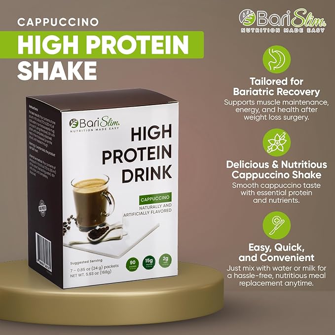 BariSlim Bariatric High Protein Drink Mix - Promotes Muscle Recovery & Healthy Lifestyle - Low Sugar & Low Carb - Ideal for Bariatric Patients & Post-Weight Loss Surgery Support | Cappucinno (9 oz)