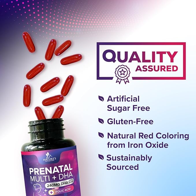 Prenatal Vitamins with Folic Acid & DHA, Fetal Brain Development Support with Folate & Omega 3's, Prenatal Multivitamin for Women, Vitamin A, C, D, B6, B12 & Iron, Pregnancy Supplement - 60 Softgels