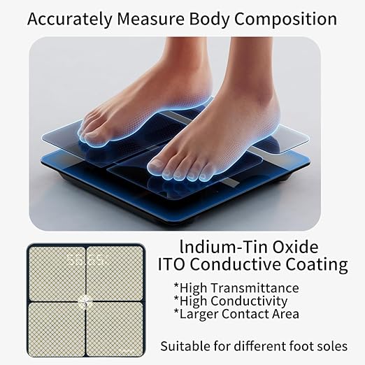 Digital Bathroom Scales with BMI, Body Fat and 25 Body Composition by Multi-Frequency Analysis, Accurate 0.1lb/0.05kg Auto-calibrated Scale for Body Weight, Clear LED/ITO Conductive Coating, 400 lbs