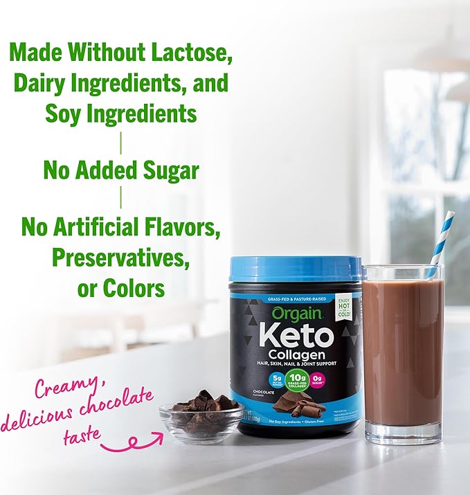 Orgain Keto Collagen Protein Powder with MCT Oil, Chocolate - Paleo Friendly, Grass Fed Hydrolyzed Collagen Peptides Type I and III, Dairy Free, Gluten Free, Soy Free, 0.88 Lb (Packaging May Vary)