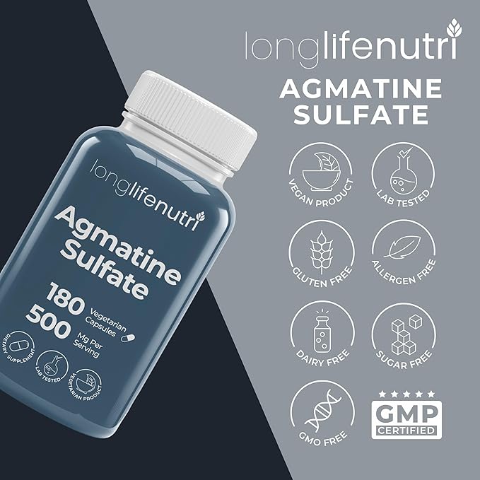 Agmatine Sulfate 500 mg, 180 Vegetarian Capsules (6-Month Supply), Dietary Supplement, Made in USA
