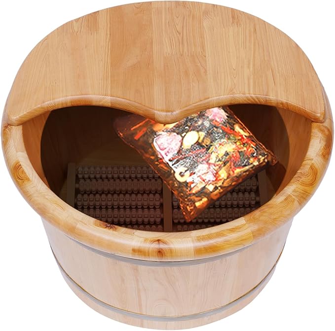 DouSeiAi Wood Foot Tub with Massager, lid and Massage Roller, Solid Wood Handmade Wooden Foot Basin Set for Soaking Feet Spa Foots Care