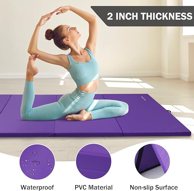 Folding Exercise Gymnastics Mat 4'x8'x2" Gym Workout Mat with Carrying Handles High-Density Anti-Tear Portable Fitness Aerobics Mats for Home Gym Yoga Pilates Tumbling MMA Core Training, Multiple Colors