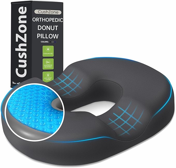 Donut Pillow Seat Cushion - Cooling Gel Floor Pillow, Memory Foam Floor Cushion for Office & Home, Car Seat, Hemorrhoids Pillow, Sciatica & Tailbone Pain Relief Chair Cushion, Grey