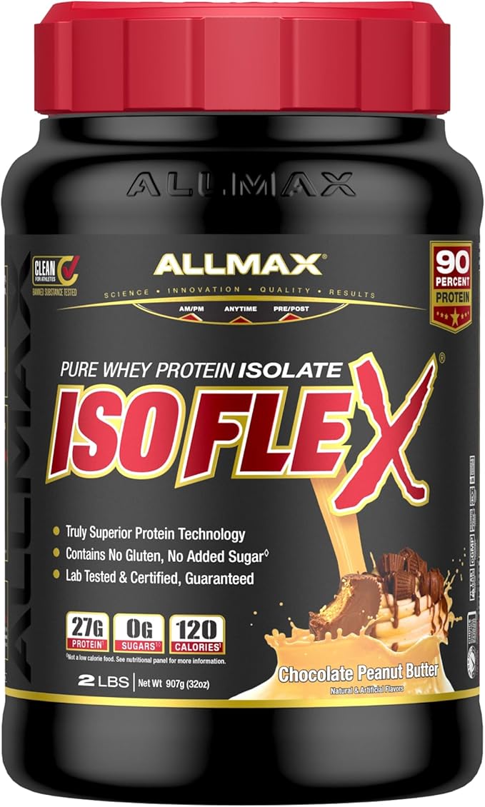 ALLMAX Nutrition ISOFLEX Whey Protein Isolate, Chocolate Peanut Butter - 2 lb - 27 Grams of Protein Per Scoop - Zero Fat & Sugar - 99% Lactose Free - Gluten Free & Soy Free - Approximate 30 Servings