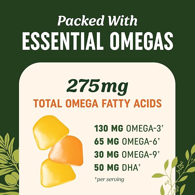 Omega 3 6 9 + DHA Gummies | Plant-Based Triple Omegas from Algae & Chia Seed Oil | with 50mg of DHA | Vegetarian, Non-GMO, Gluten-Free, Essential Fatty Acid Supplements for Adults | 60 Gummies