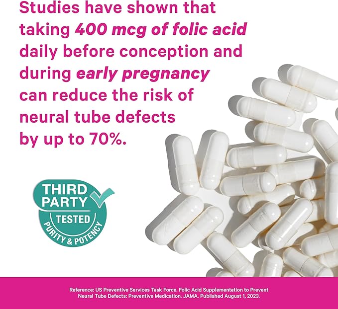 Pink Stork Folic Acid Supplement for Women – 400mcg, Daily Vitamin B9 for Prenatal & Fertility Support, Supports Red Blood Cell Formation & Energy – 30 Vegetarian Capsules