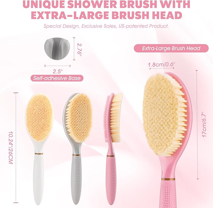 New Body Brush for Wet or Dry Brushing, Anti-Slip Corn-Handle Shower Brush with Large Dual-Side Head & Soft Bristles, Easy-to-use Bath Brushes for Lathering Cleansing(Pink-S)
