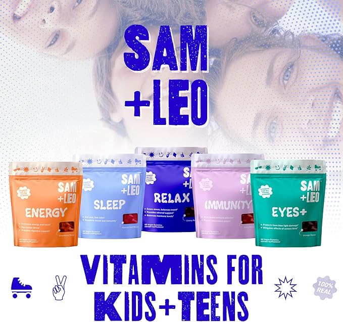 SAM+LEO Energy Gummies for Kids- with Biotin, Vitamin C, B3, B6, and B12 - All Natural & Vegan Gummy for Energy & Focus Supplement for Kids - Stress & Digestive Support, Strawberry Gummies - 60/ct