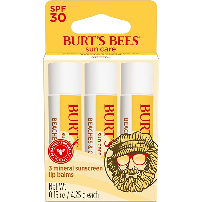 Burt’s Bees SPF 30 Lip Balm, Beaches and Cream, Water-Resistant Sun Care, Nano-Free Zinc Oxide Formula, Natural Origin Conditioning Lip Treatment, 3 Tubes, 0.15 oz.