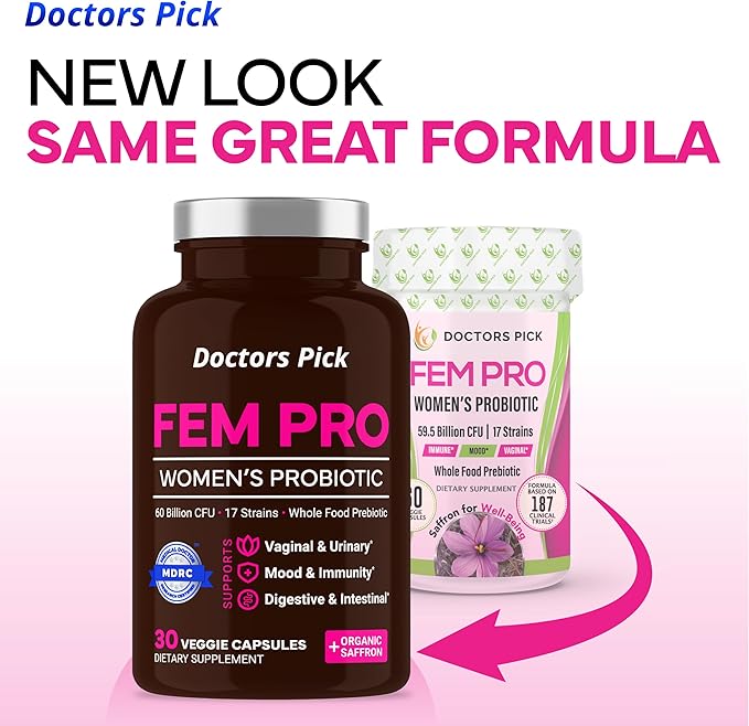 Fem Pro Probiotics for Women. 17 Clinically Effective Strains for Vaginal, Digestive & Immune Support, Urinary Tract Health, pH Balance and Mood. Organic Prebiotic, 30 Veggie Capsules