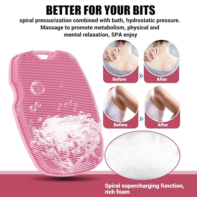 Silicone Body Scrubber Anti Slip for Shower,Zinc Infused Soft Bristles Shower Scrubber for Body Exfoliator,Hygienic,Blood Circulation - Pink