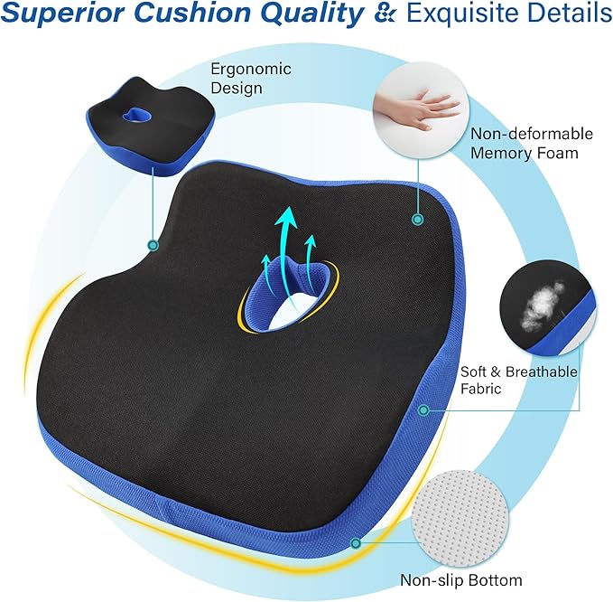 Car Seat Cushion, Ergonomic Memory Foam Car Cushion for Sciatica Pain Relief, Larger Driving Seat Pillow for Short Drivers on Long Drives - Butt Pillow for Truck, Office, Wheelchair - Black&Blue