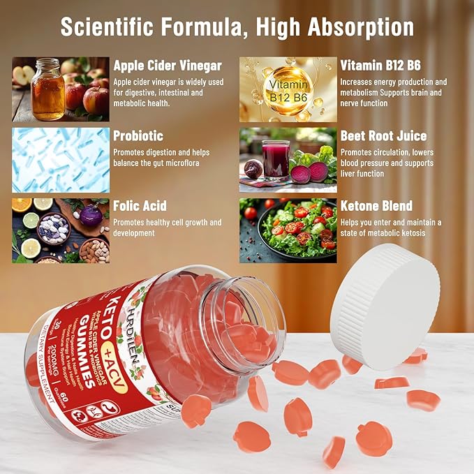 Keto ACV Gummies - 2000mg Apple Cider Vinegar Gummies with Probiotics, Vitamin B12 & B6 for Digestion, Energy Boost, Immunization & Hair Health - 60 Count No Sugar, Non-GMO, Gluten-Free for Women Men
