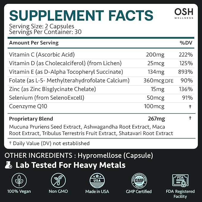 Osh Wellness Men's Fertility Support & Prenatal Vitamins, Ayurvedic support for Conception, Sperm Count, Motility & Volume - With Ashwagandha, Maca, CoQ10, Zinc (Pack of 1, Men Fertility Support)