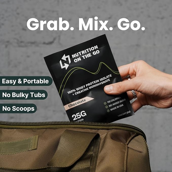 Travel Whey Protein Isolate Packets – Single-Serve Protein Powder – 25g Protein + 5g Creatine – Chocolate (6-Pack)