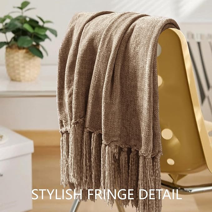 Chenille Throw Blanket for Couch 60"X 80" Twin, Soft Cozy Throws with Fringe Tassel for Bed Sofa Chair Cover, Lightweight Knitted Decorative Boho Blankets for Living Room, Taupe
