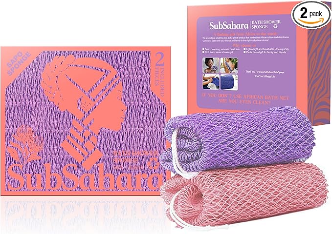 SubSahara Authentic African Net Sponge - 2 Pieces Exfoliating Scrubber for All Skin Types, Bath Sponge for Face & Body, Travel Portable, Durable, Gentle Exfoliation (Blush Pink & Lavender Purple)