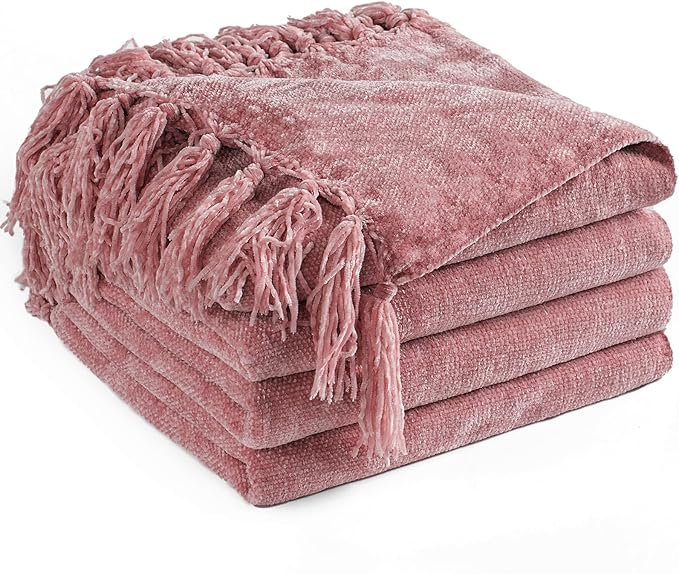 Chenille Throw Blanket for Couch 60"X 80" Twin, Soft Cozy Throws with Fringe Tassel for Bed Sofa Chair Cover, Lightweight Knitted Decorative Boho Blankets for Living Room, Mauve