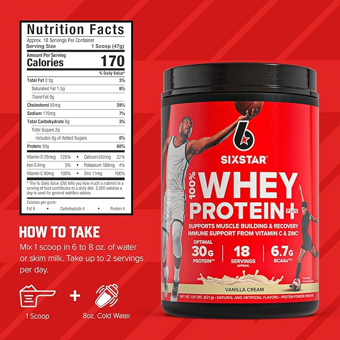 Six Star Whey Protein Powder Plus - Muscle Building & Recovery Formula with Whey Isolate Powder, BCAAs, 30g Protein, Immune Support - Post-Workout Supplement - Vanilla Cream, 1.8 lbs