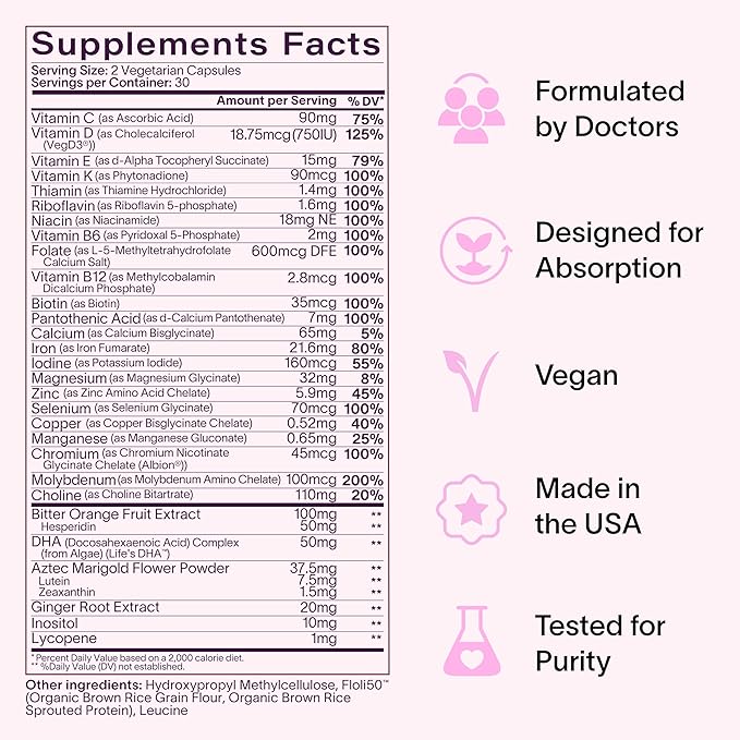 Prenatal Multivitamin | Conception, Pregnancy & Postpartum | Key Ingredients Including DHA, Folate & Iron | Expertly-Formulated & Tested | Designed for Absorption with Nausea Support, 60 Ct