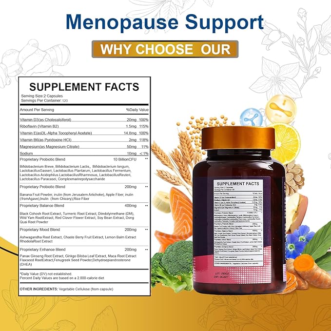 40-in-1 Menopause Support for Women – Hormonal Balance, Hot Flash & Mood Relief – Black Cohosh, DIM, Maca, Red Clover, Probiotics, B6, D3 & More – Vegan, 120 Capsules