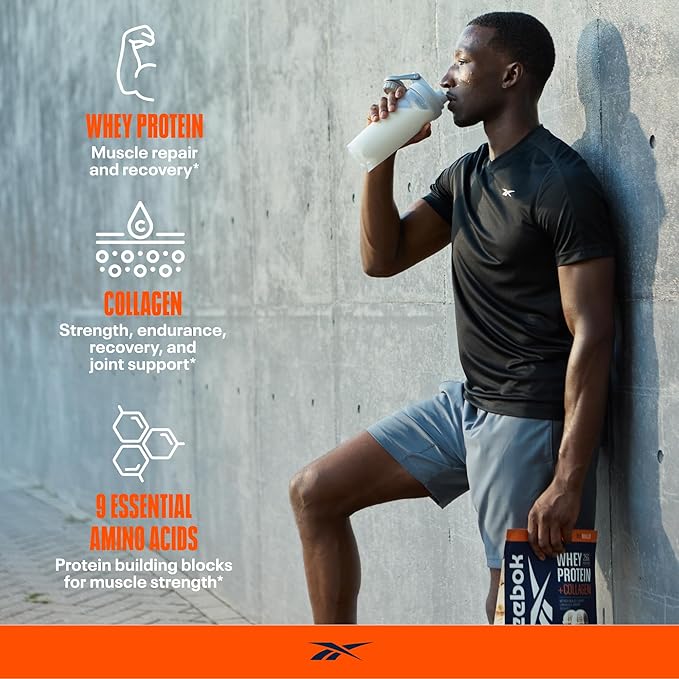 Reebok Whey Protein Powder + Collagen Peptides | 25g Protein with 9 Essential Amino Acids | Muscle Recovery, Joint & Gut Support | Informed-Sport Certified | ReeBuild Vanilla Ice Cream Flavor, 1.3 lb