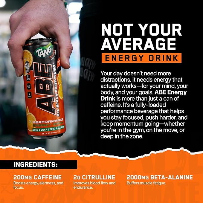 All Black Everything Sugar Free Energy Drink | TANG Orange | 0 Calories | 12 Pack | 200mg Natural Caffeine | Pre-Workout Sport Drink for Men and Women