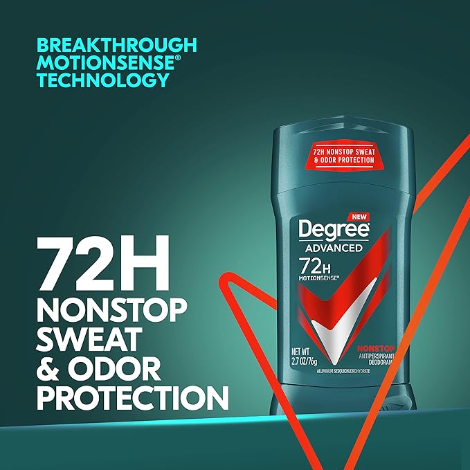 Degree Men Advanced Antiperspirant Deodorant 72H Sweat and Odor Protection Nonstop Claim: Deodorant For Men With MotionSense Technology 2.7 oz 4 Count