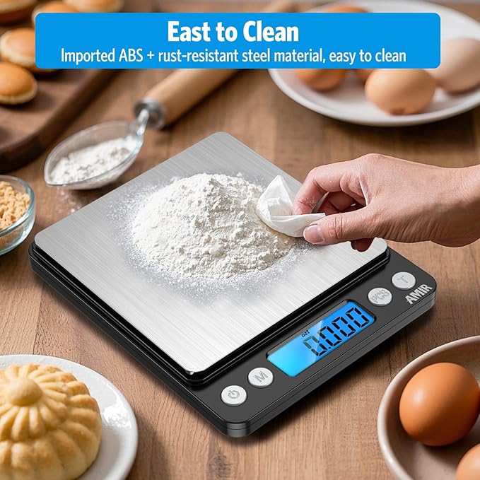 AMIR Digital Kitchen Scale, 500g/0.01g Mini Pocket Jewelry Scale, Cooking Food Scale with Backlit LCD Display, 2 Trays, 6 Units, Auto Off, Tare, PCS Function, Stainless Steel, Battery Included, Black