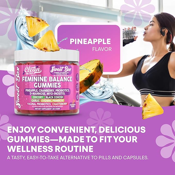 Clean Nutra Feminine Balance Gummies for Women Pineapple VaginalProbiotics pH Balance Cranberry D Mannose Supplement Inositol Black Cohosh Evening Primrose Garlic Vitex GLA Prebiotics Folate 60ct