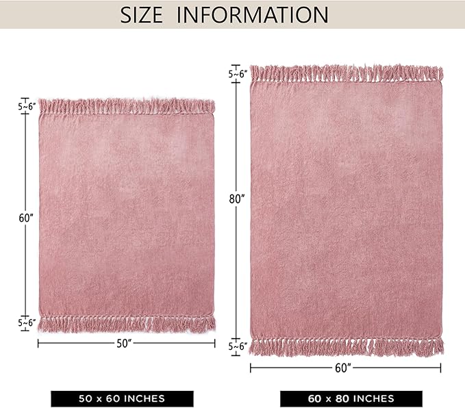 Chenille Throw Blanket for Couch 60"X 80" Twin, Soft Cozy Throws with Fringe Tassel for Bed Sofa Chair Cover, Lightweight Knitted Decorative Boho Blankets for Living Room, Mauve