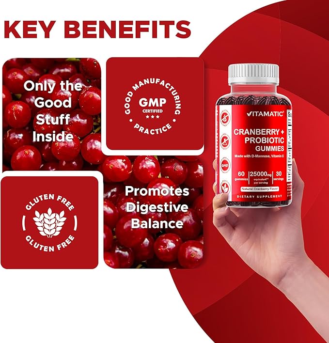 Vitamatic 2 Pack Vegan Cranberry Gummies with D-Mannose, Probiotic & Vitamin C for Women Urinary Tract Health - 25000mg Equivalent Per Serving (from 50:1 Extract 500 mg) - 60 Count