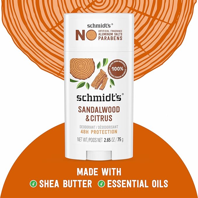 Schmidt's Aluminum-Free Vegan Deodorant Sandalwood & Citrus 2 Count for Women and Men, with 24 Hour Odor Protection, Natural Ingredients, Cruelty-Free, 2.65 oz