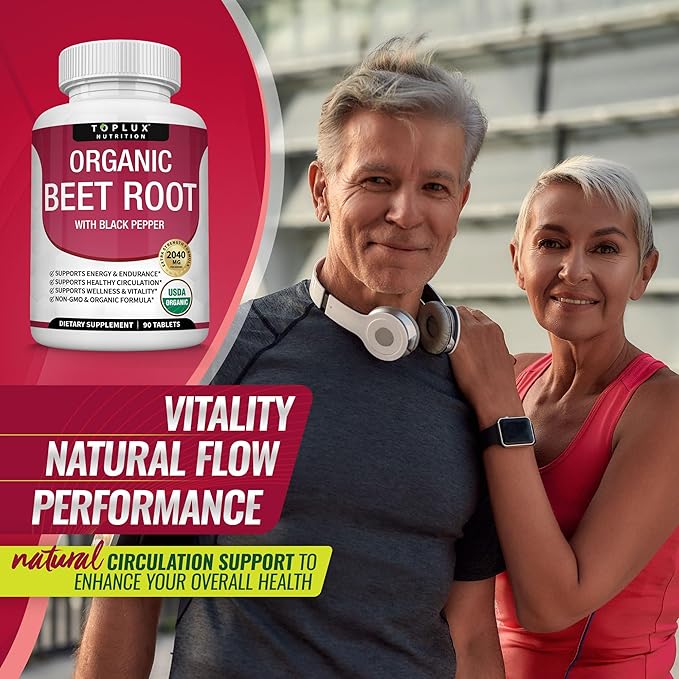 Organic Beet Root Powder Tablets - 2040mg Natural Nitric Oxide Beets to Support, Energy, Black Pepper Better Absorption, Non-GMO, for Men Women, 90 Tablets