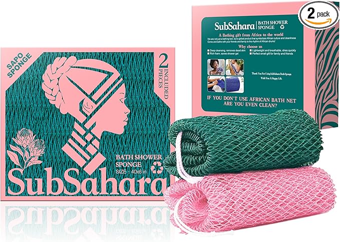 SubSahara Authentic African Net Sponge - 2 Pieces Exfoliating Scrubber for All Skin Types, Bath Sponge for Face & Body, Travel Portable, Durable, Gentle Exfoliation (Ligh Pink & Teal)