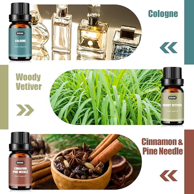 Essential Oils Set, Men Scents Fragrance Oil Essential Oils for Diffuser - Sandalwood, Teakwood, Sweet Tobacco, Cinnamon & Pine Needle, Woody Vetiver, Cologne Aromatherapy Oils for Men, 6x10ml