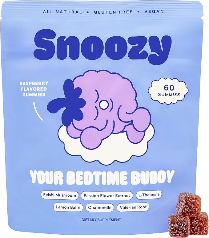Snoozy Bedtime Buddy, Sleep Mushroom Gummies | Reishi, Chamomile, Valerian Root, Lemon Balm Extract | Natural Sleep Aid, Melatonin Free | Raspberry Flavored, 60 Gummies, 1 Pack