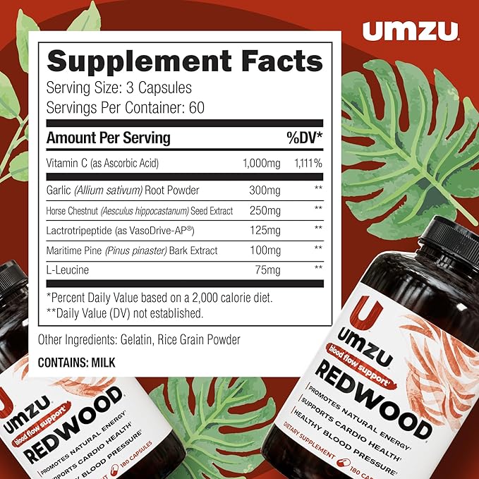 UMZU Redwood Blood Flow Nitric Oxide Supplement for Men & Women, Blood Pressure, Circulation, Stamina, Energy (1-Month Supply | 180 Capsules)