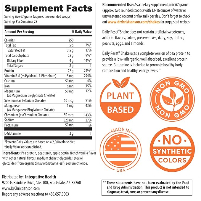 Dr. Christianson's Original Daily Reset Meal Replacement Shake (Vanilla) - Doctor Formulated Natural Pea Protein & Resistant Starch Powder for Complete Nutrition - 28 Full-Size Servings